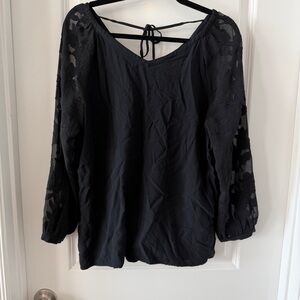 Loft NWT Black Sheer Floral Sleeved Vneck Blouse Bow Back Elevated‎ Basic Medium